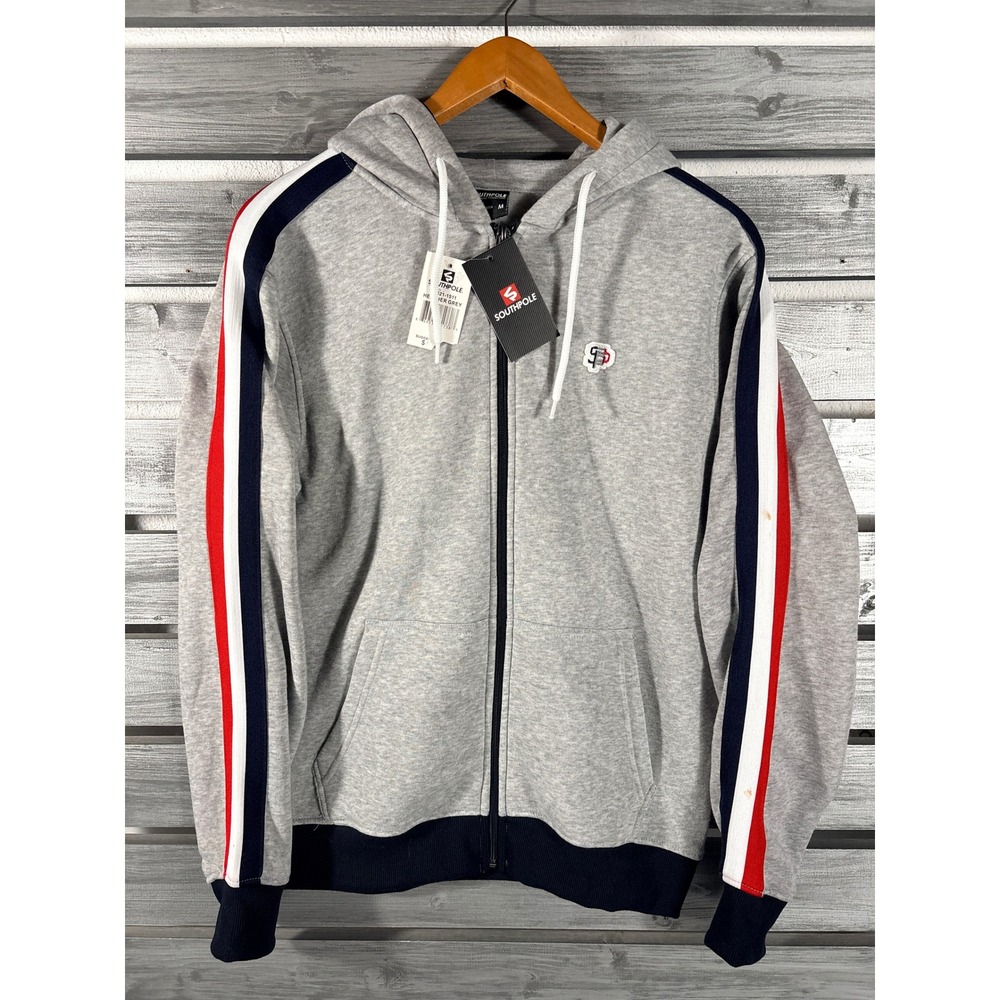 Southpole Mens Full Zip Hoodie Sweatshirt Grey Red Blue Striped M NEW